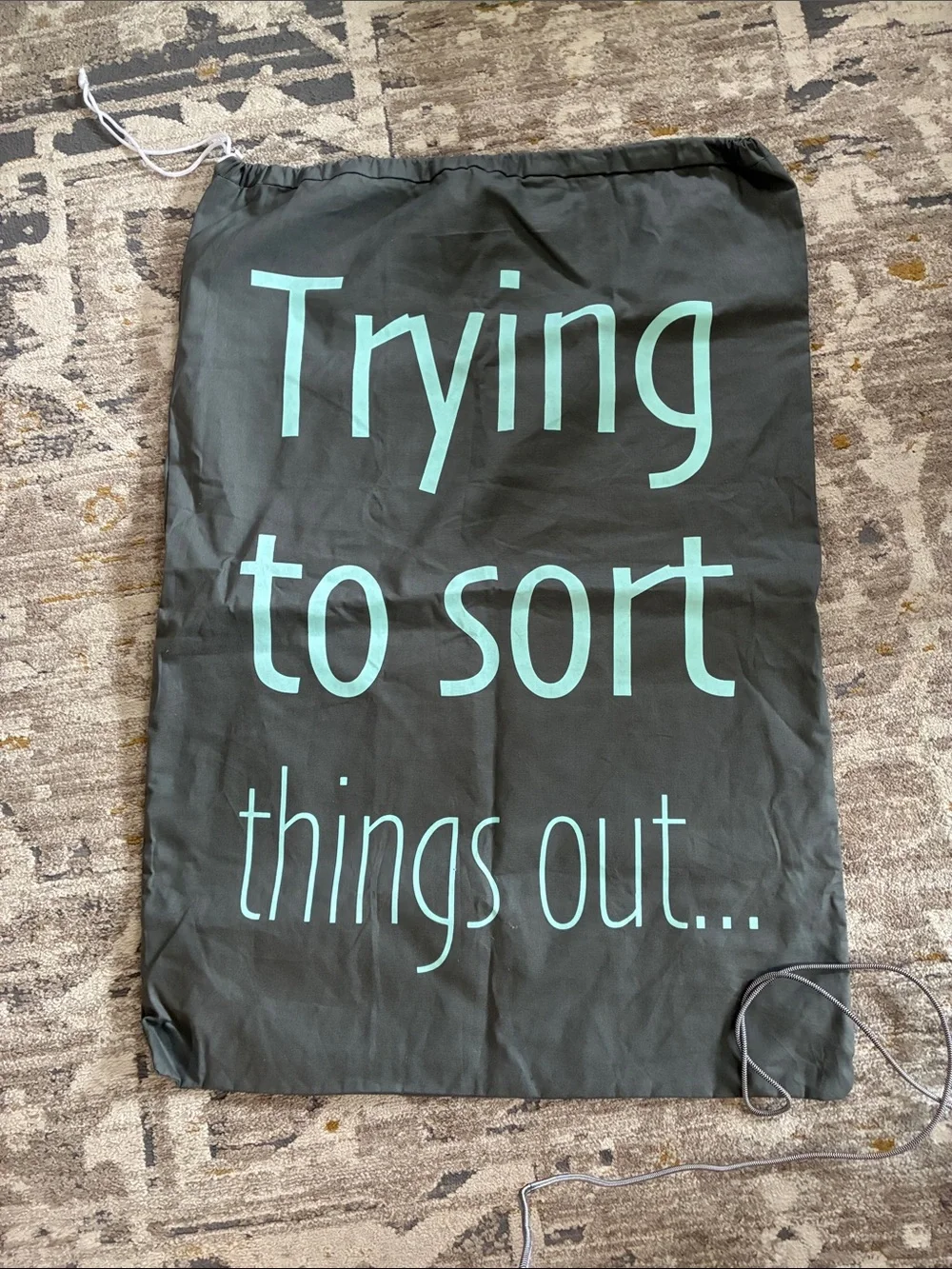 Large Black Laundry Bag with Teal Text - 'Trying to Sort'